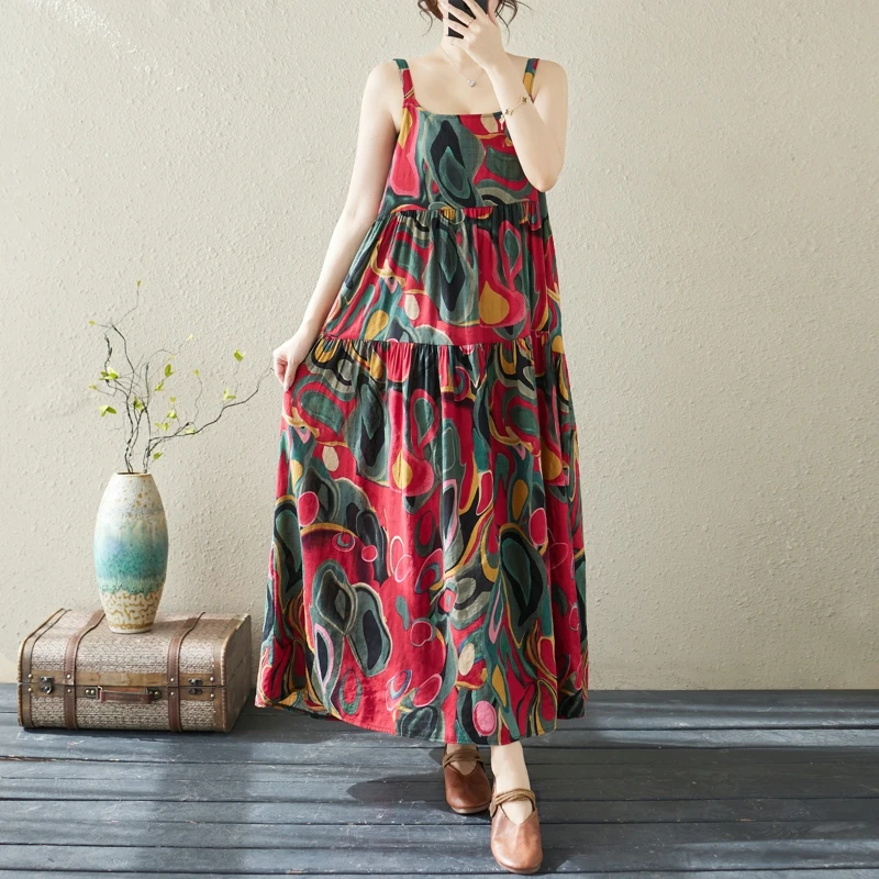 

Women's 2024 New Summer Simplicity Spliced Printed Sling Fashion Vintage Loose Casual Bohemian Cotton and Linen Long Dress