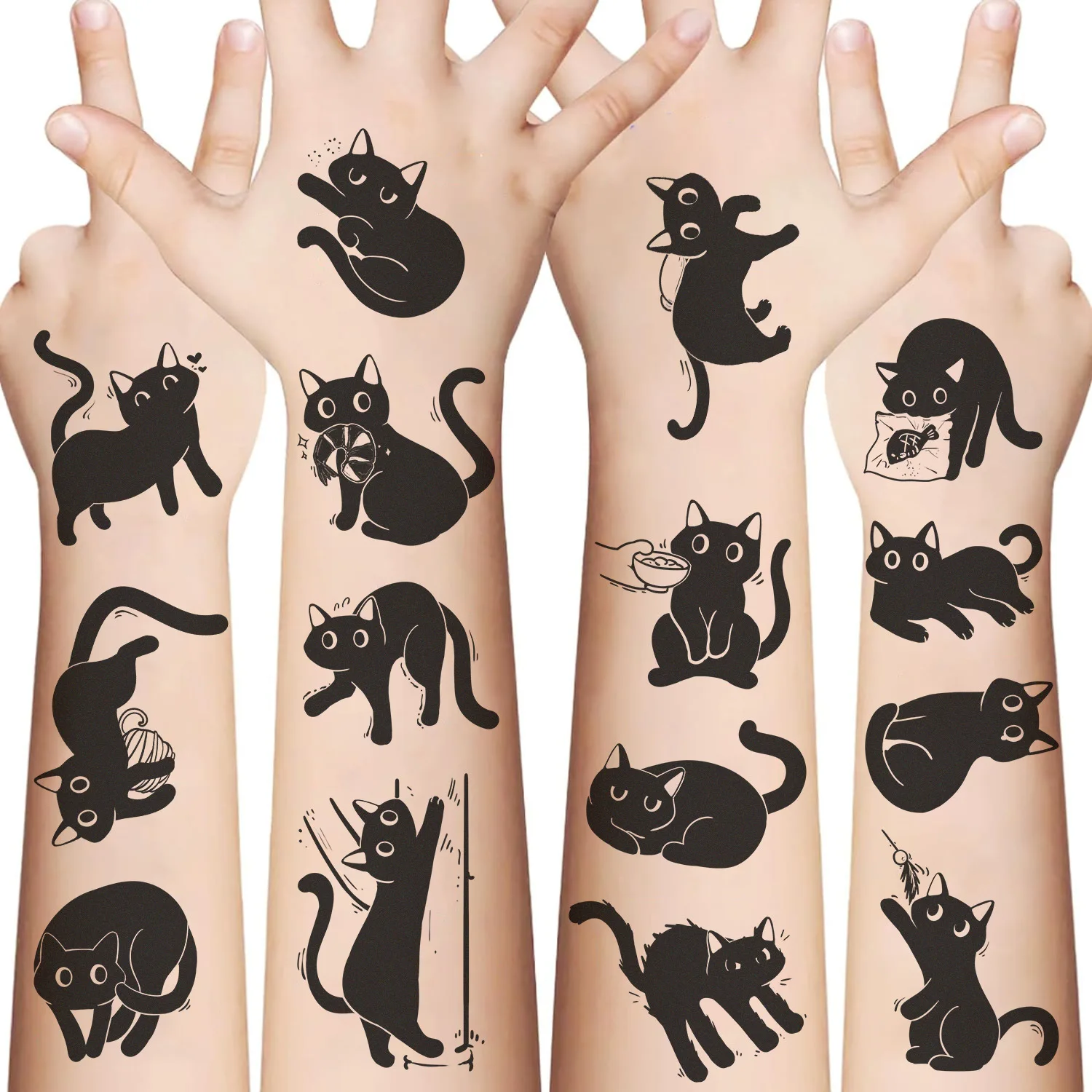 10 قطع من ملصقات الوشم على شكل قطة سوداء صغيرة كرتونية مقاومة للماء وهدايا الحفلات المضحكة ووجوه ممتعة ذاتية الصنع