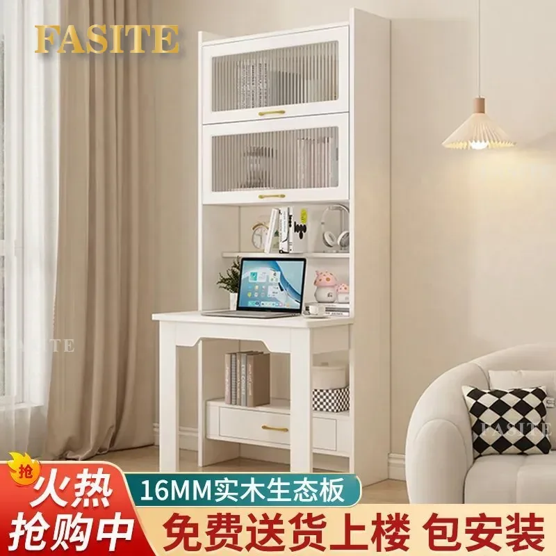 For Small Apartment Folding Desk Bookcase Combo Solid Wood Computer Table Cream Style Study Bedroom Furniture Space Saving