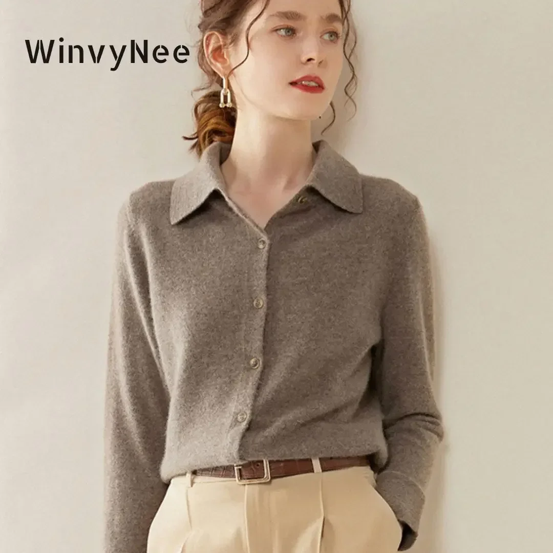 WinvyNee Women Cashmere Wool Cardigans Sweater Solid Polo Collar Casual Warm Outerwears Knitwear Tops 2024 New Autumn B1174012