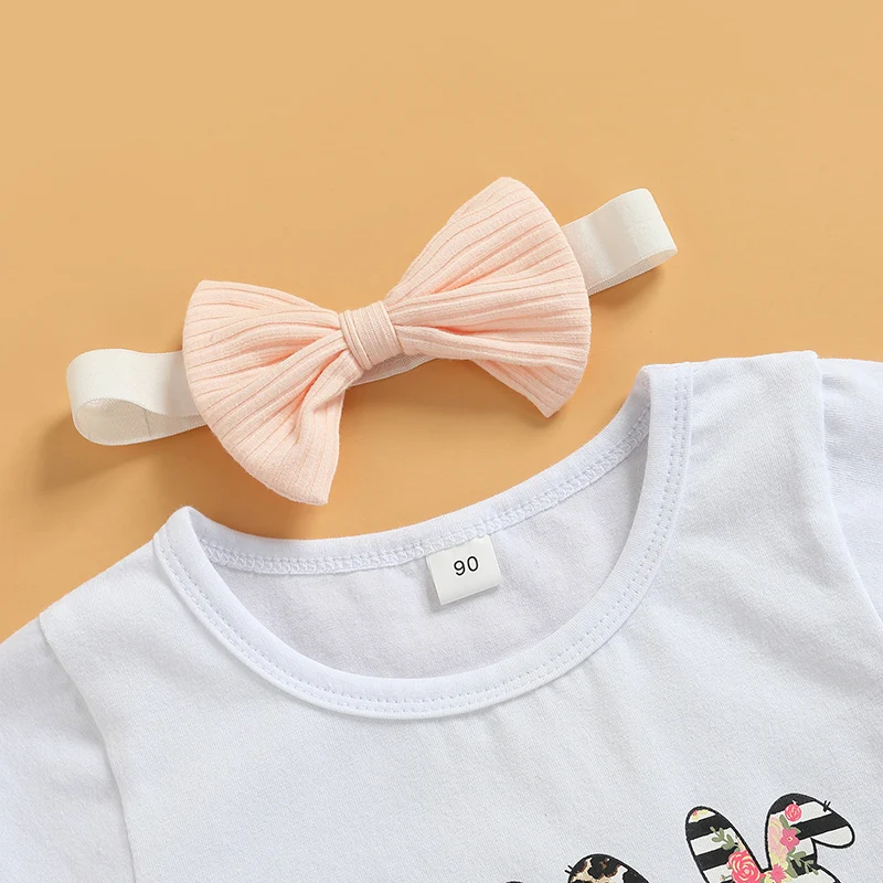 

Easter Bunny Outfit for Girls Rabbit Graphic Tee Bell Bottom Pants and Matching Bow Headband Set