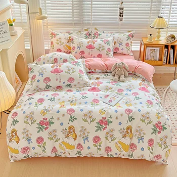 3pcs cartoon multicolor flowers girls bedroom bedding set, pink duvet cover sets with 2 pillowcases, gifts for kids and women