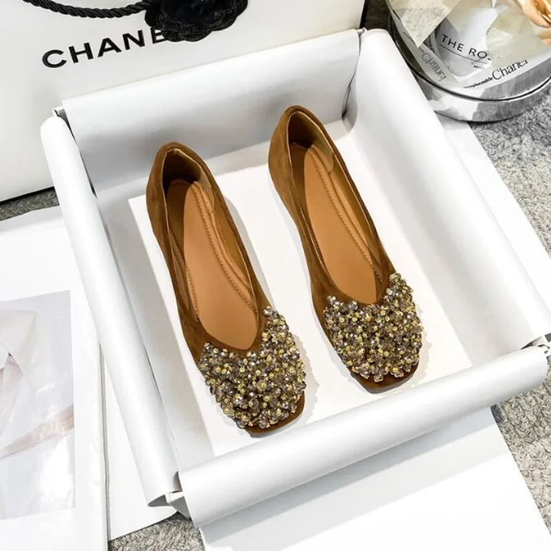 

Big Size 34-43 Rhinestone Woman Square Toe Shallow Ballet Flats Autumn Comfortable Walking Lazy Loafers Woman Casual Flats Shoes