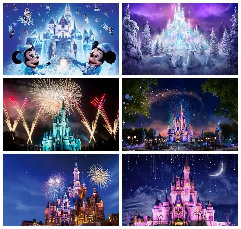 Disney Castle Backdrop Dream Night Firework Fairy Tale Blue Cartoon Photography Customize Background for Kids Birthday Party