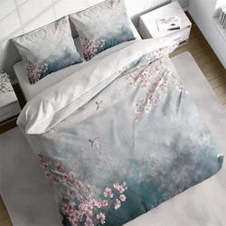 Japanese Cherry Blossom Sparrow Duvet Cover Set w Pillowcases, Grey Pink Floral Quilt Cover, Printed Single Double Queen King US