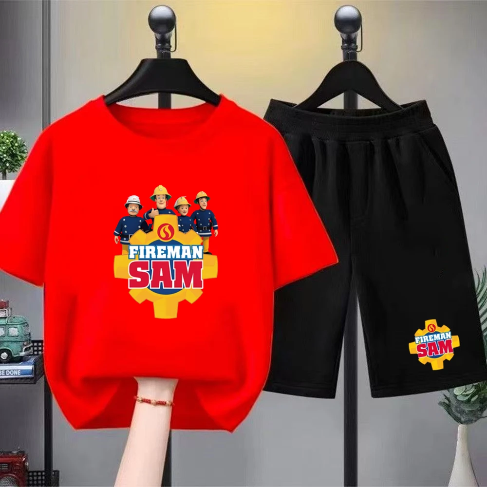

Kids Firefighter Sam Boy Girl Letters Round Neck Black T-shirt+Shorts Fashion Short-sleeved Toddler 3-12Y Casual Summer Set