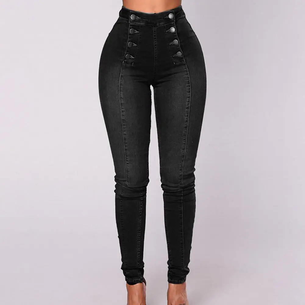 Lady Denim Pants High Waist Buttons Decoration Shaping Women Jeans Pockets Push Up Fashion Skinny Double-breasted Pencil Jeans