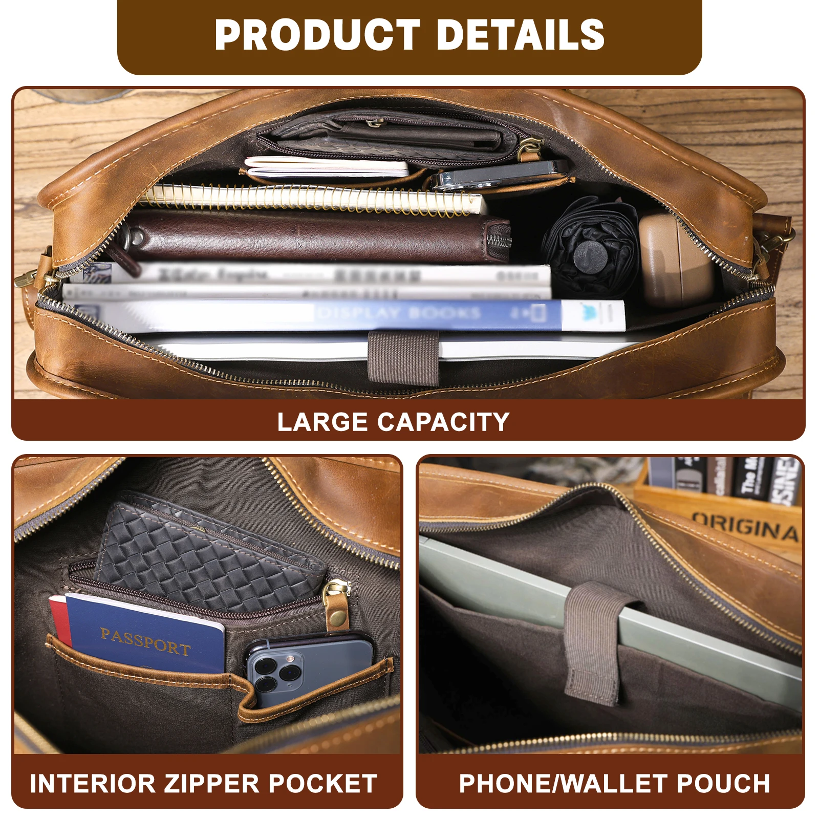 S.WORKER Vintage Echtleder Herren-Aktentasche Laptop-Tasche Crazy Horse Leder Messenger-Handtasche Rindsleder Geschenkidee für Männer – Detail 8
