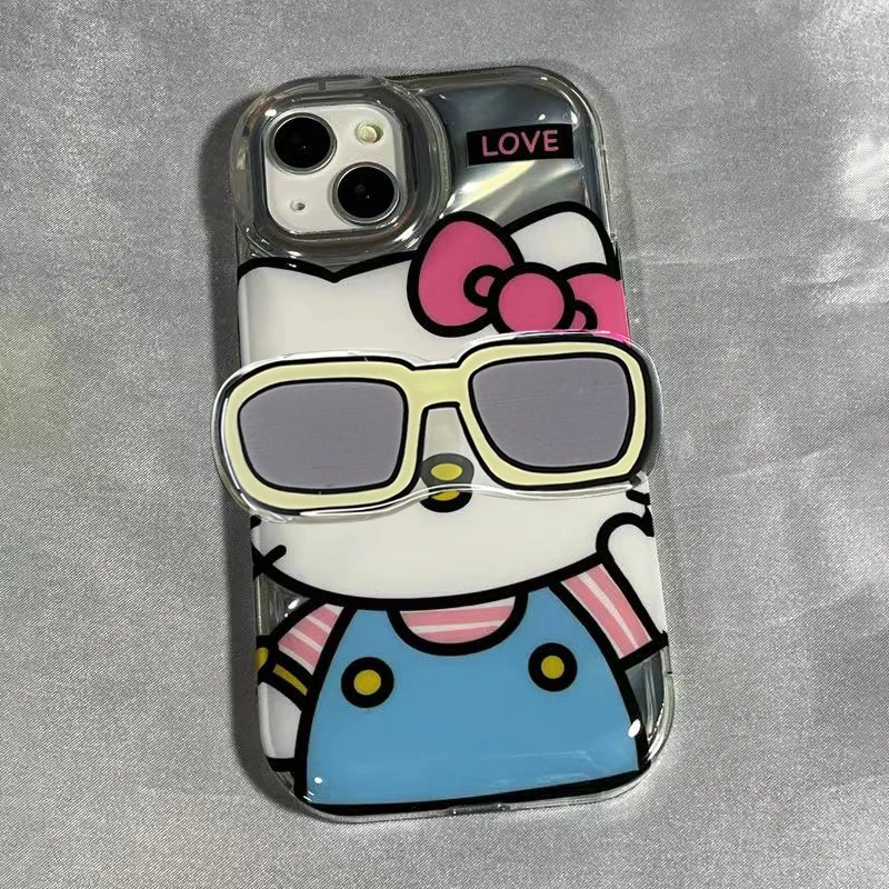 Sanrio Hello Kitty Sunglasses Suitable for Apple 14Promax Holder Mobile Phone Case New Bubble Inner Twill Iphone13/12/11