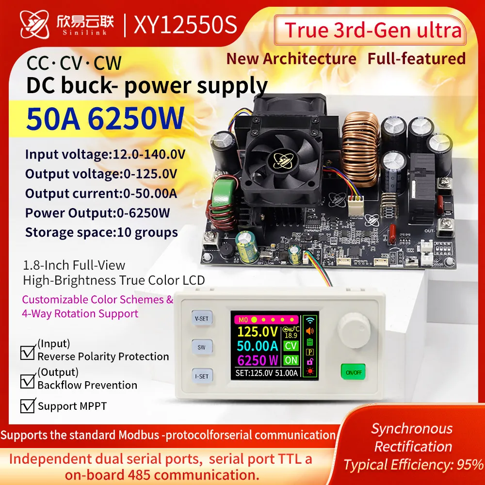 

XY12550S 50A 6250W Цифровой регулируемый импульсный источник питания постоянного тока с понижающим преобразователем для ЧПУ, MPPT, CV, CC, CW, 0-125В в 12-140В, стабилизированный