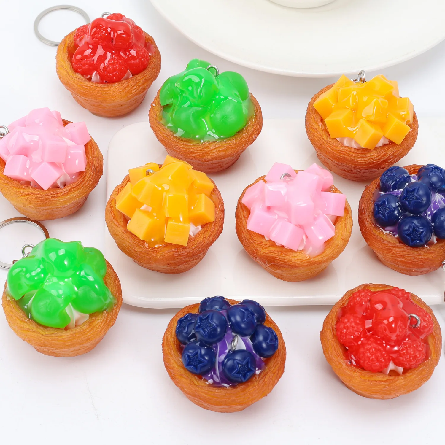 Mini Fruit Tart Mango Blueberry Egg Tart Keychain Realistic Dessert Cake Model Simulation Miniature Food Cute Foodie Gift Crafts