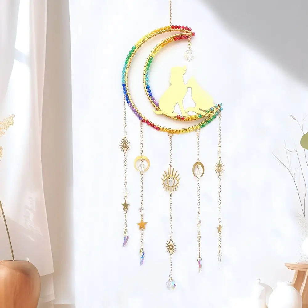 Cute Cat and Dog Moon Crystal Rainbow Suncatcher Hanging Xmas Hanging Ornaments Crystals Stone Sun Catcher Colorful Wind Chimes