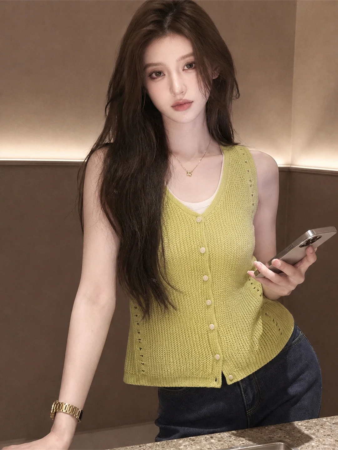 

Ice Silk Knitted Vest Sleeveless Hollow out Design Summer Commute Style White Enhancing Fashionable Top for Women