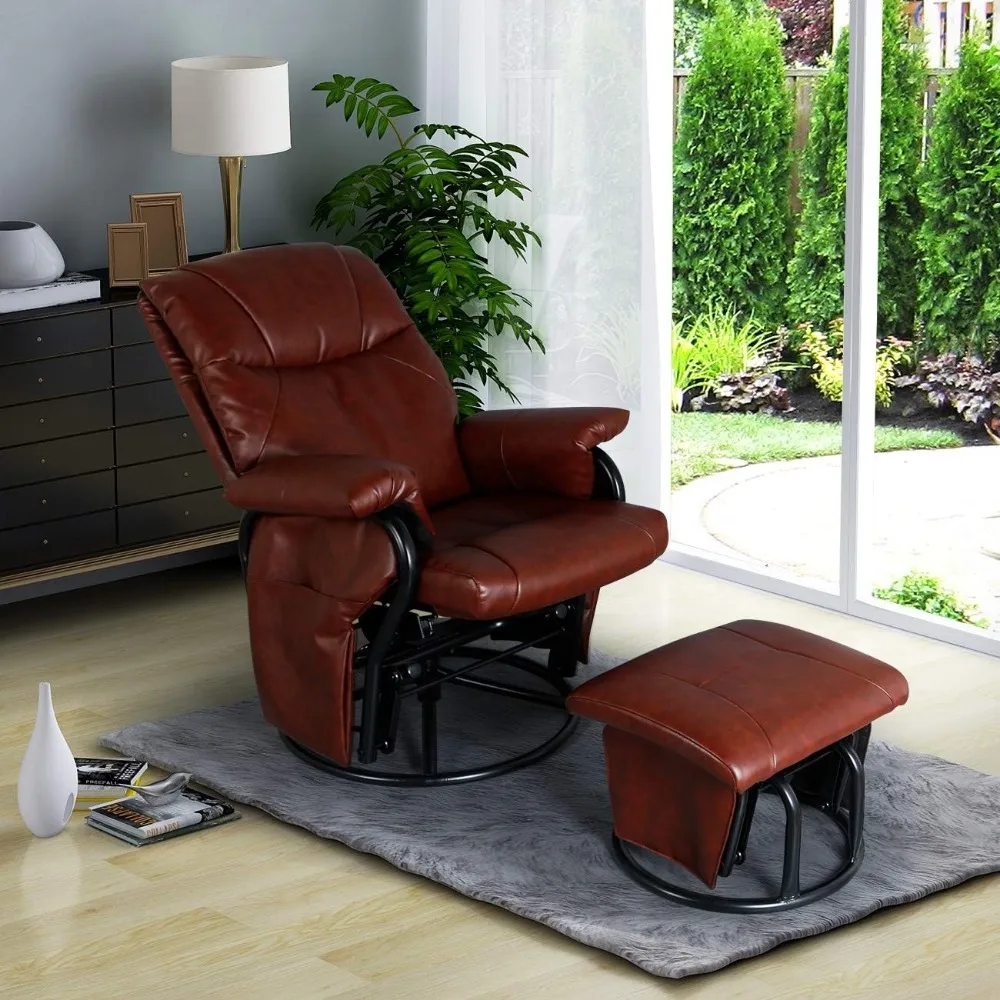 

Glider Chairs Rocking Chair with Ottoman 360° Swivel Chair PU Leather Upholstered Lounge Sliding Set (Brown)