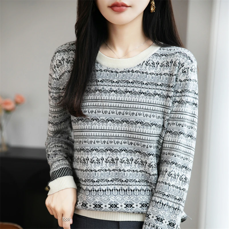 Autunno e inverno nuovo maglione di lana color block da donna moda coreana lavorato a maglia O-collo pullover allentato top da donna di vendita caldo
