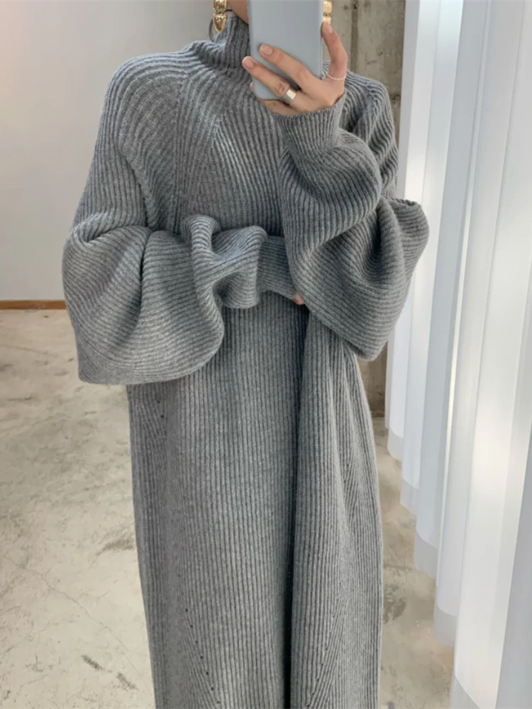 Kobiety sukienka sweter kobiety sukienka grube zimowa, jesienna z długim rękawem sukienki z dzianiny golf czarny z dzianiny Maxi Vintage Oversize