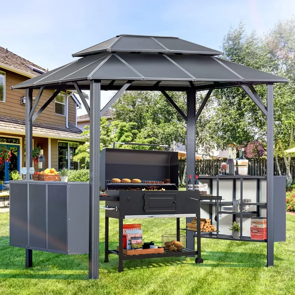 9 x 6 FT Permanent   Aluminum Patio Gazebo with Composite Double Roof and Ceiling Hooks and Shelves, Grill Gazebo