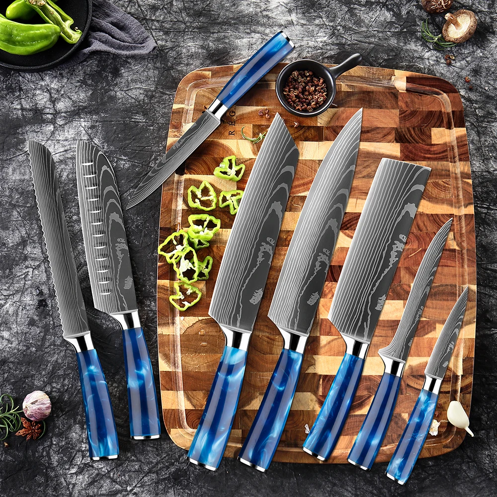

XITUO 1-10PCS Kitchen Knife Set Japanese Chef Knife 4CR13 Stainless Steel Laser Pattern Slicing Knife Santoku Knife Resin Handle
