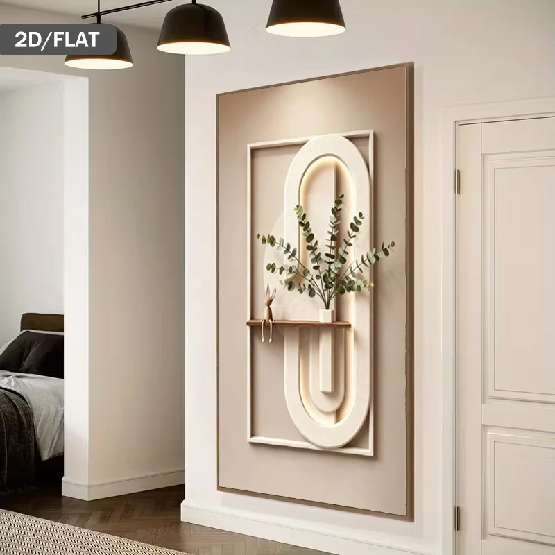 

2D Flat Modern Abstract Geometric Canvas Wall Art, Frameless Eucalyptus Plant and Bunny Figurine Wall Art for Living Room Decor