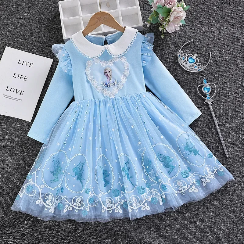 Spring Autumn Kids Girls Dresses Cartoon Frozen Elsa Print Long Sleeve Mesh Party Wedding Dress Princess Clothes Top Outfit 1-8T