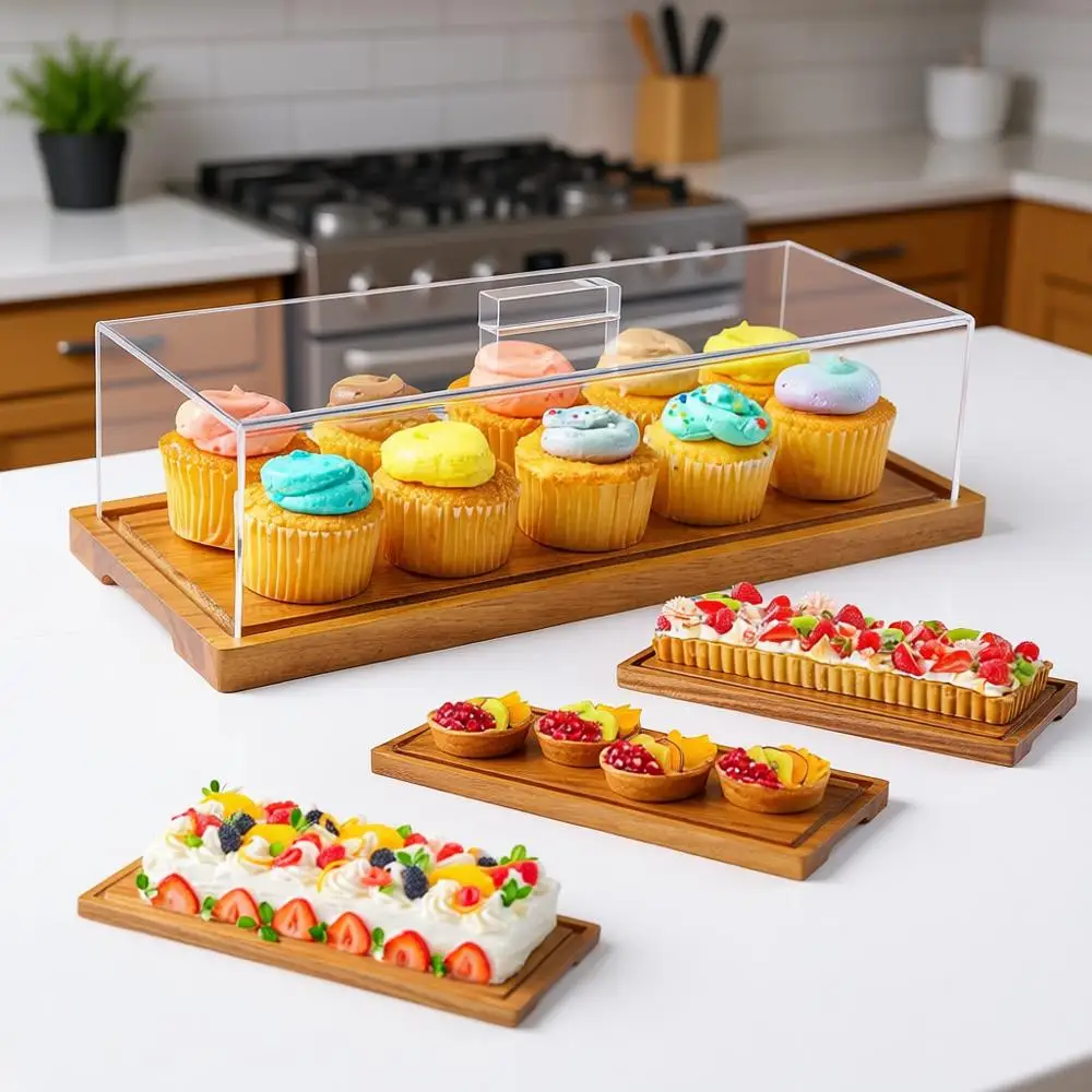 

Wooden Cake Stand with Lid and Acrylic Cover, 15 x 6.25” for Desserts and Cheese