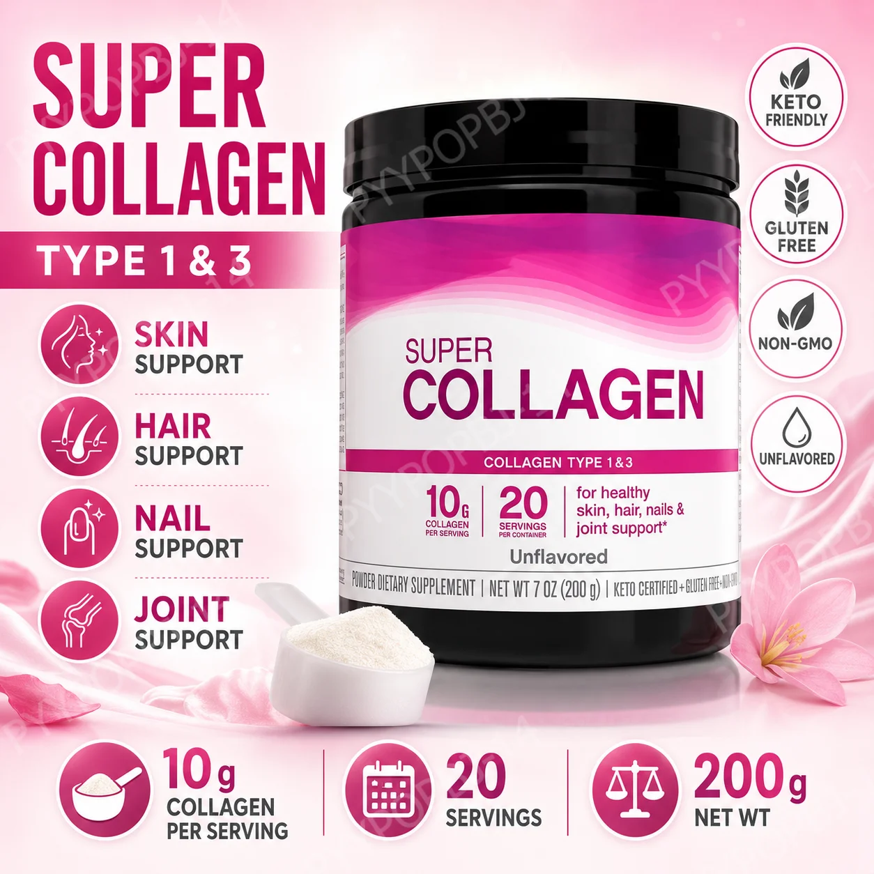 

Super Collagen Powder Type 1 & 3 Hydrolyzed Bovine Collagen Supports Healthy Looking Skin Hair Nails Unflavored 20 Servings