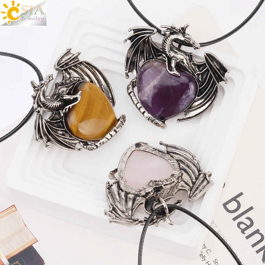 CSJA Vintage Dragon Man Necklace Natural Stone Tiger Eye Heart Crystal Shape Pendant Amulet Necklaces for Woment Jewelry H237