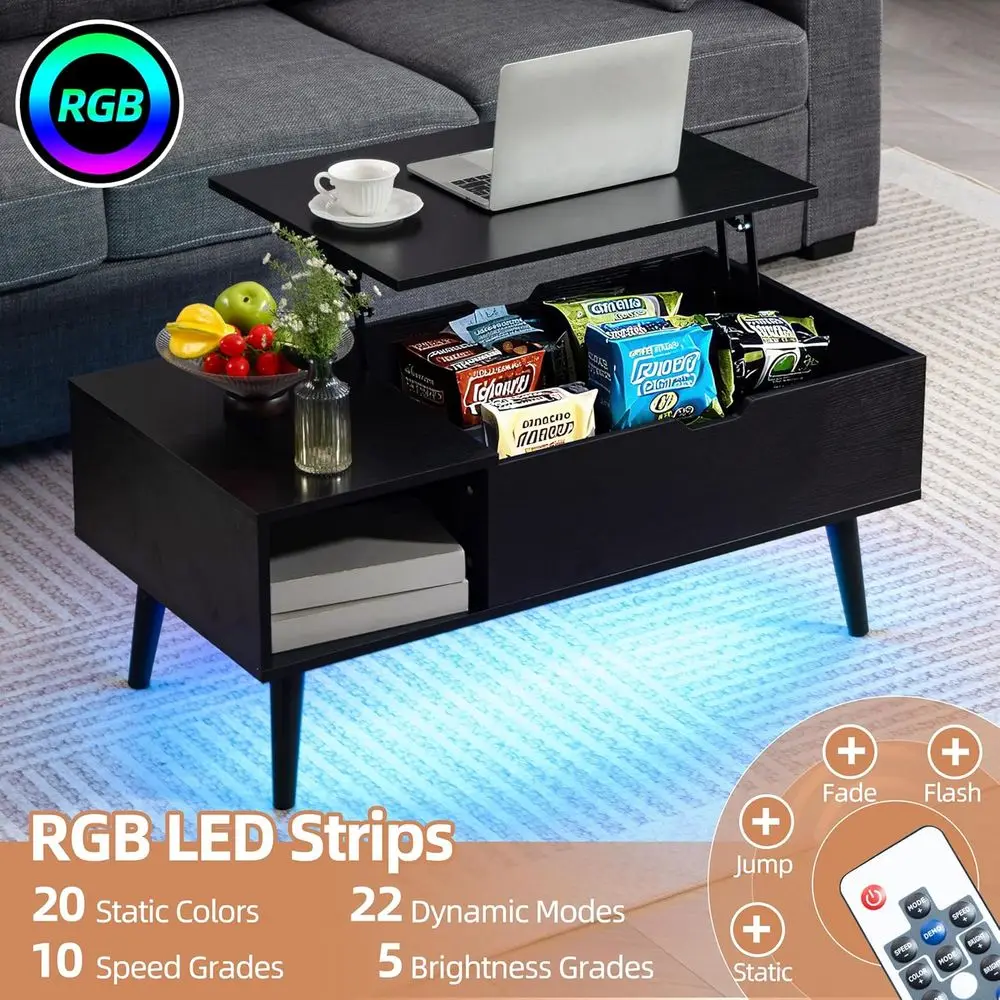 リフトトップ付き多機能コーヒーテーブル、USB-C充電、LEDライト、電源コンセント、リビングルーム/ホームオフィス用収納、B