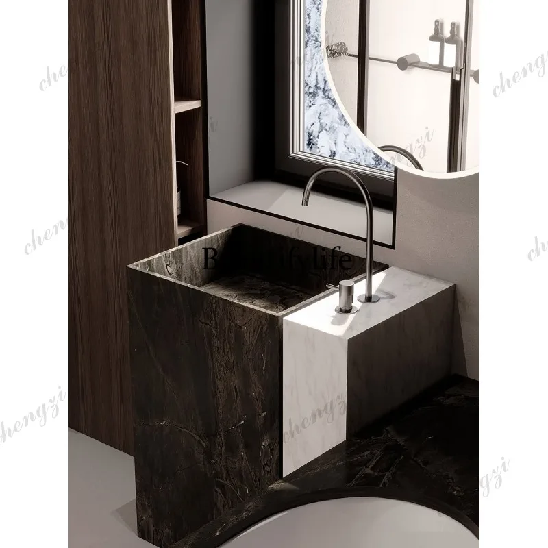 A114 art high-end rock slab integrated seamless column basin bathroom custom washbasin floor bathroom cabinet