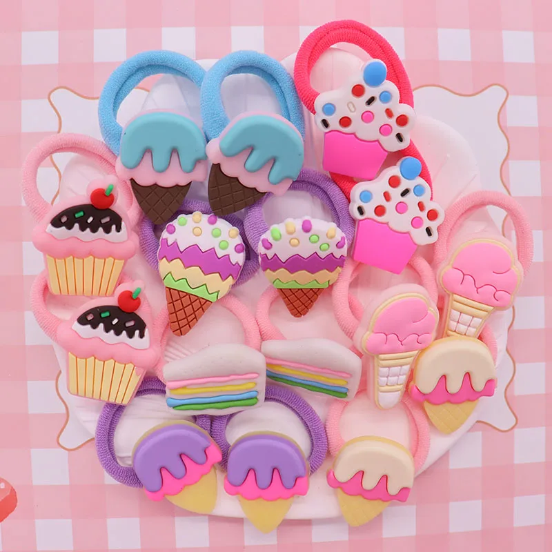 2Pcs/Set Sweet Cake Ice Cream Shape Hair Accessories Colorful Nylon Headband Kids Ponytail Holder Scrunchie Ornaments Gift