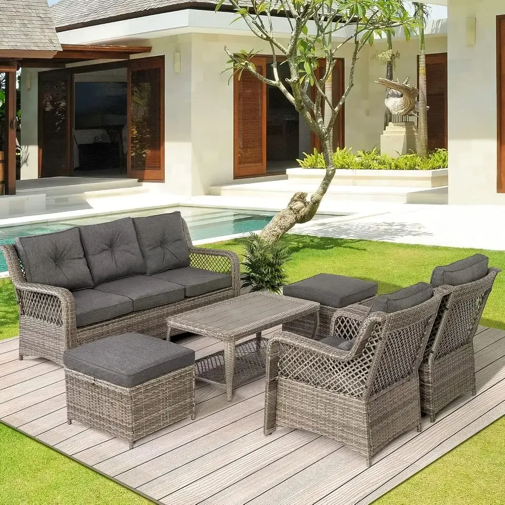 6-Piece Grey Outdoor Wicker Patio Furniture Set with Sectional Sofa, Coffee Table, High Back Chairs, Ottoman, and Cushions for D