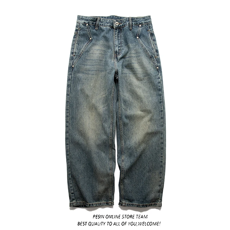 

Американские винтажные повседневные мужские джинсы, свободные широкие брюки, старые брюки для папы, повседневная одежда, смесь хлопка и полиэстера