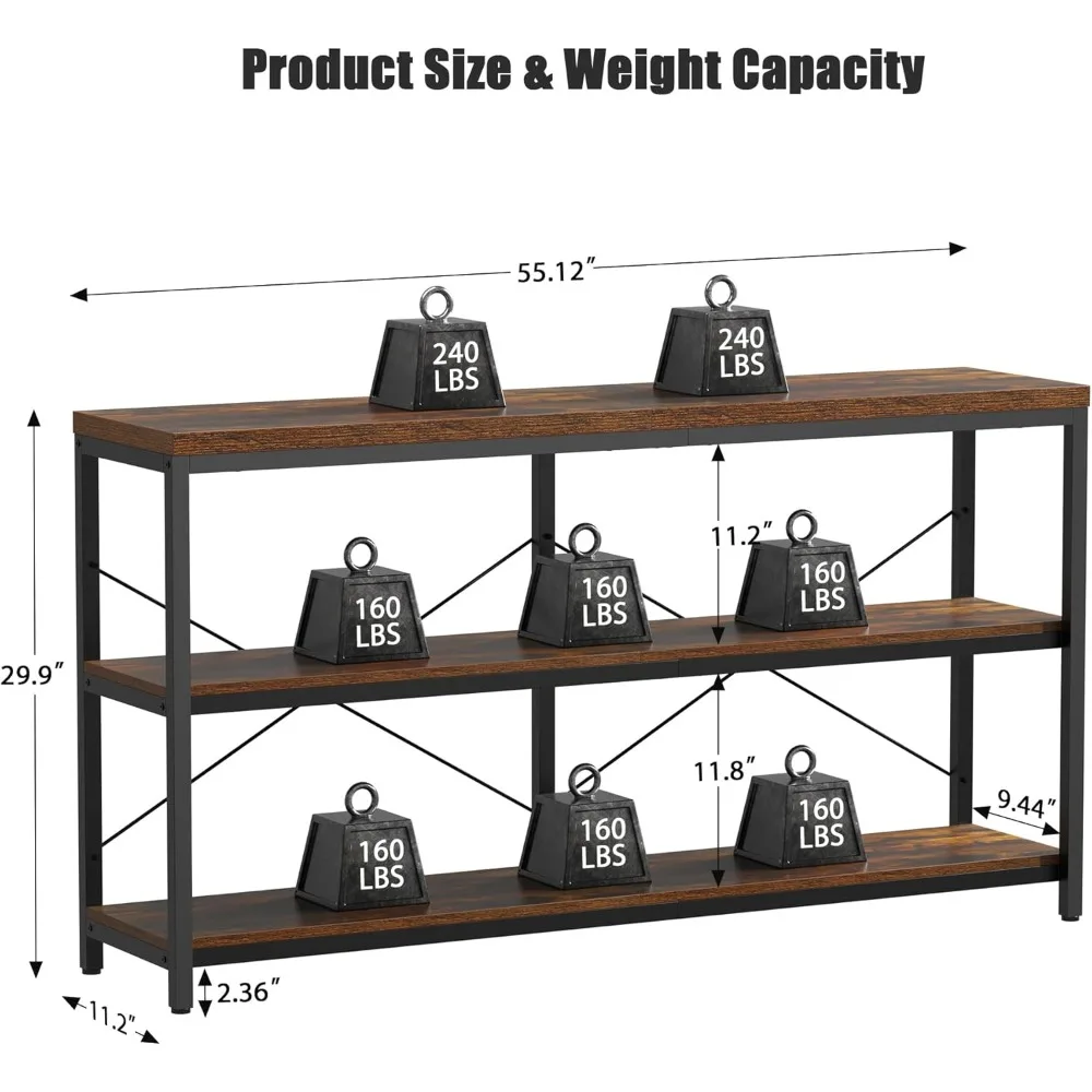 3-Tier Industrial Bookshelf, Wide Wood Horizontal Bookcase, Open Large Book Shelf with Metal Frame, Display Rack Shelving Unit,