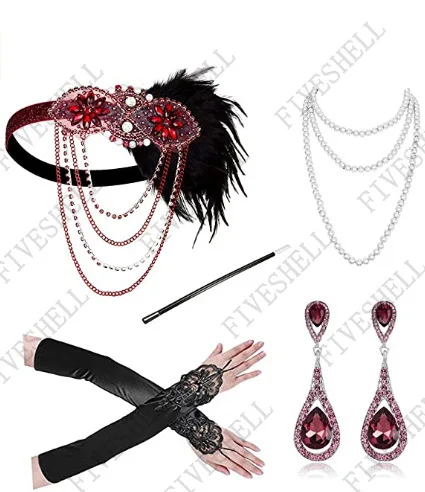 1920S Great Gatsby Roaring เครื่องแต่งกาย Flapper Headband ไข่มุกสร้อยคอที่เขี่ยบุหรี่ชุดต่างหู