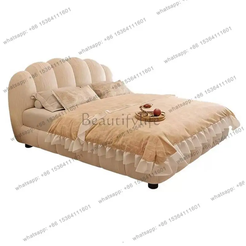 LJY Designs Beige Double Bed 180X200 Nordic European Girl Storage Double Bed Princess Lounge Wooden Cama Matrimonial Furniture H