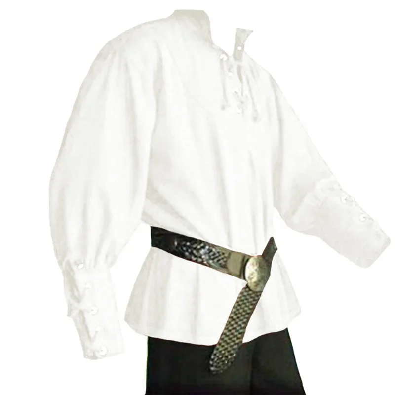 

Stand-up Collar Strap Loose New Men's Solid Color Long-sleeved Top Performance Clothes Medival Shirt