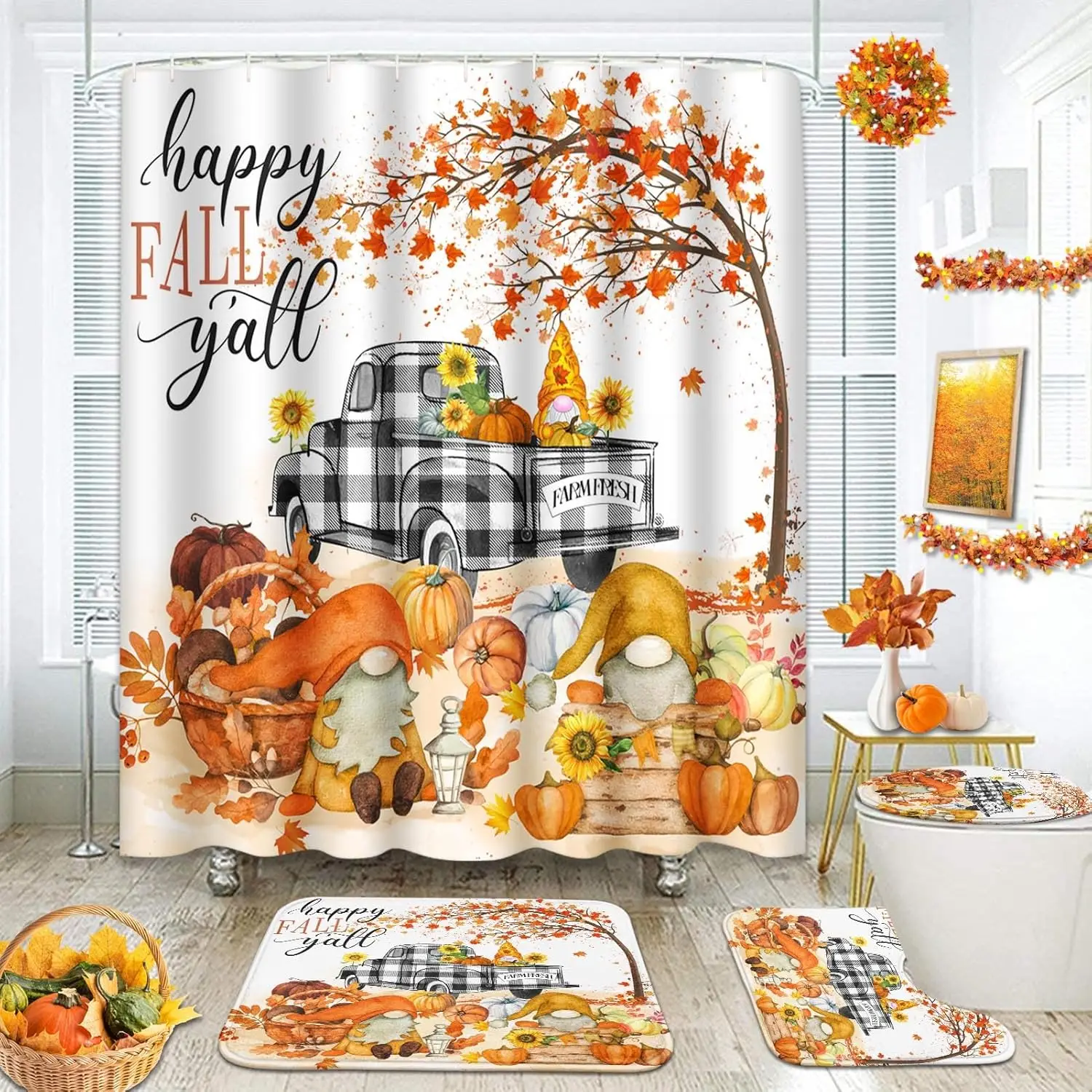 

Осенний набор для ванной комнаты с милым листом гнома и грибами, занавеской для душа и ковриком и аксессуарами, декор для ванной комнаты, 4 шт.
