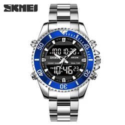 SKMEI Casual Fashion Top Brand Stainless Steel Digital Watches Mens 3 Time 30M Waterproof Simple Wristwatch Male reloj hombre