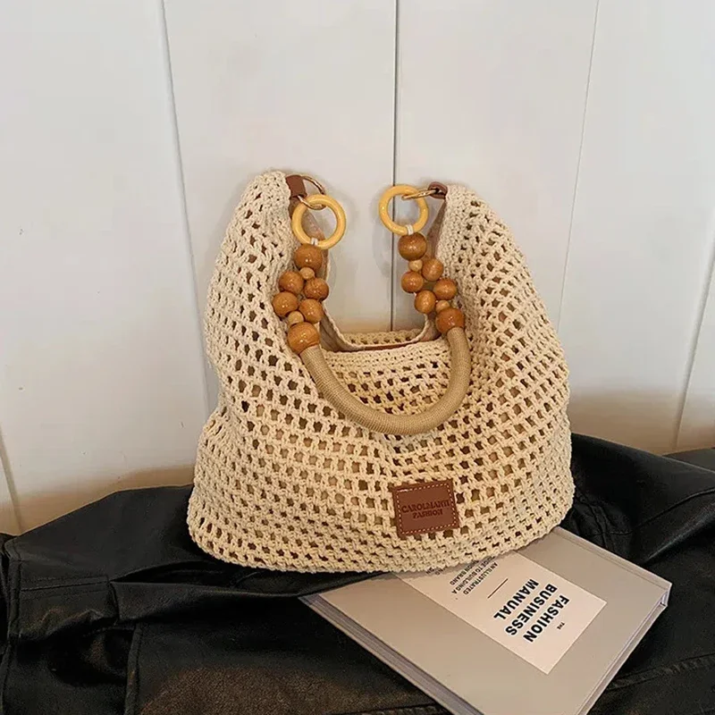 Women's Summer Fashion Hollow Knitted Handbag Ladies Casual Beach Vacation Beach Woven Bags Female Large Capacity Shoulder Bag