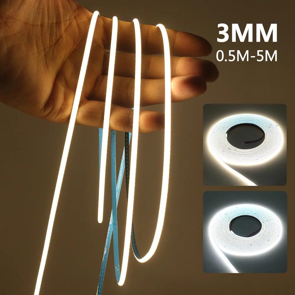 סטריפ LED COB במתח 5V, דק מאוד, גמיש, עם 320 לדים למטר, רצועת LED מתכווננת RA90, תאורה ליניארית לבנה טבעית חמה