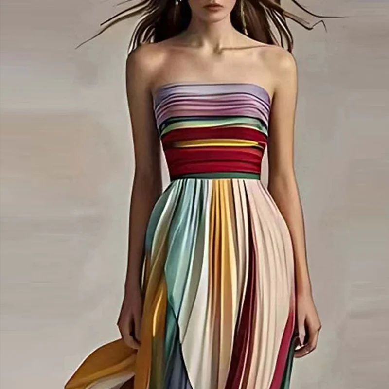 Elegant Sexy Off Shoulder Tube Tops Colorful Stripes Maxi Dress Women Sleeveless Color Collision Wrinkles Irregular Party Dress