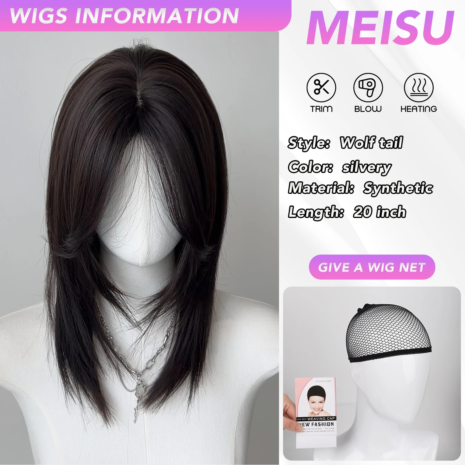 MEISU 20 Inch Synthetic Silver White Bangs Wig length Straight Unisex Wig Fiber Heat resistant Natural Party or Selfie