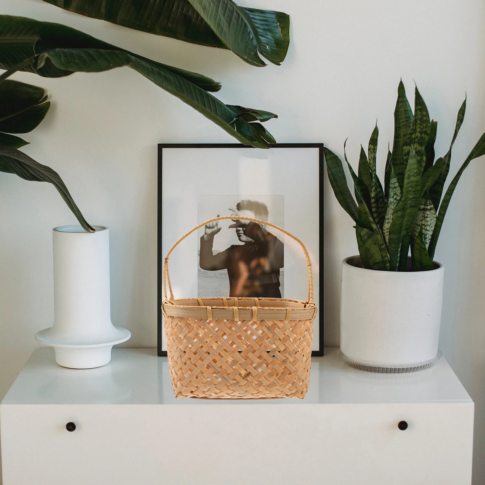 

Handmade Woven Bamboo Basket Portable Handle Hollow-Out Design Picnic Hiking Camping Vegetable Fruit Washing Basket