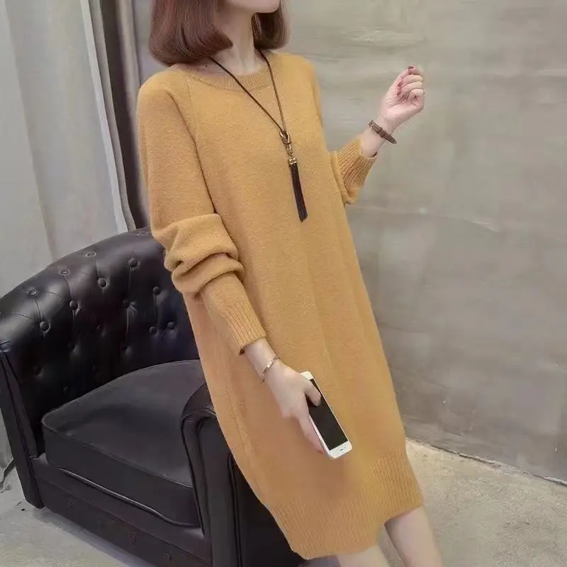 Ladies Korean Fashion Solid Color O-neck Long Sleeve Knitted Dress Autumn Winter All-match Elegant Dress Women Clothes Dresses