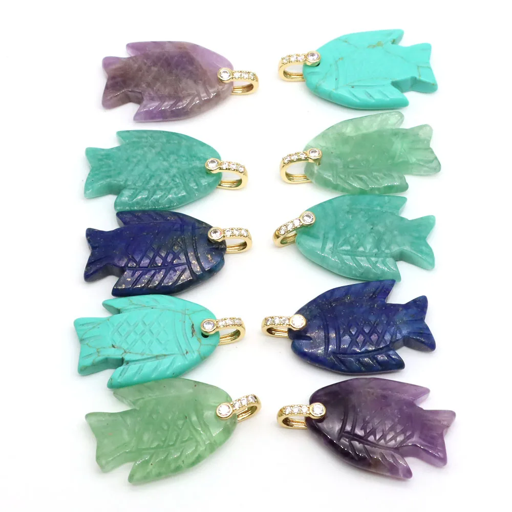 25mm Fish Shape Natural Stone Pendants Amethyst Rose Quartz Crystal Charms For DIY Necklace Bracelet Jewelry Making Accessories