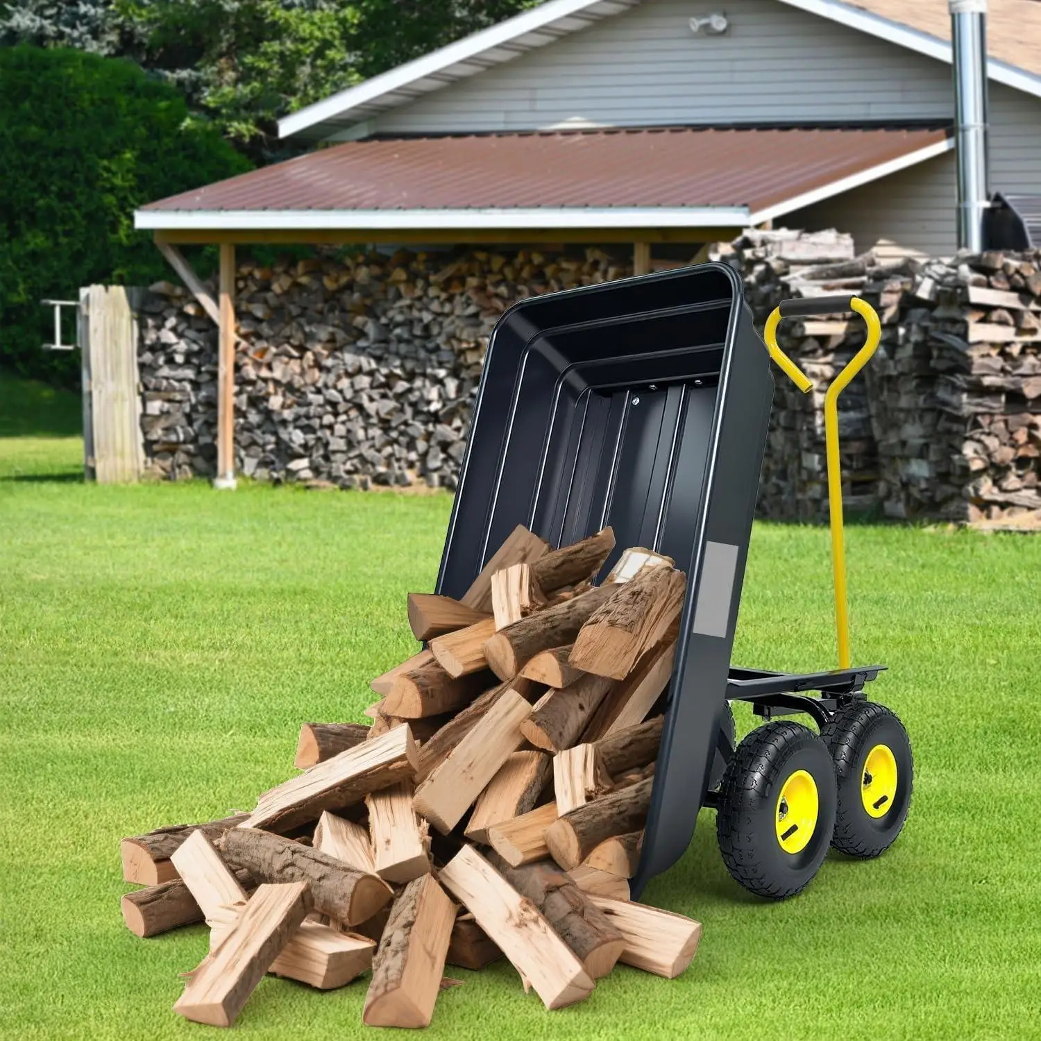 W_Garden Dump Cart, Heavy-Duty Utility Wagon with 600 lb Capacity, 4 Cu Ft Bed, 10" Pneumatic Tires, 180° Pivot Steering