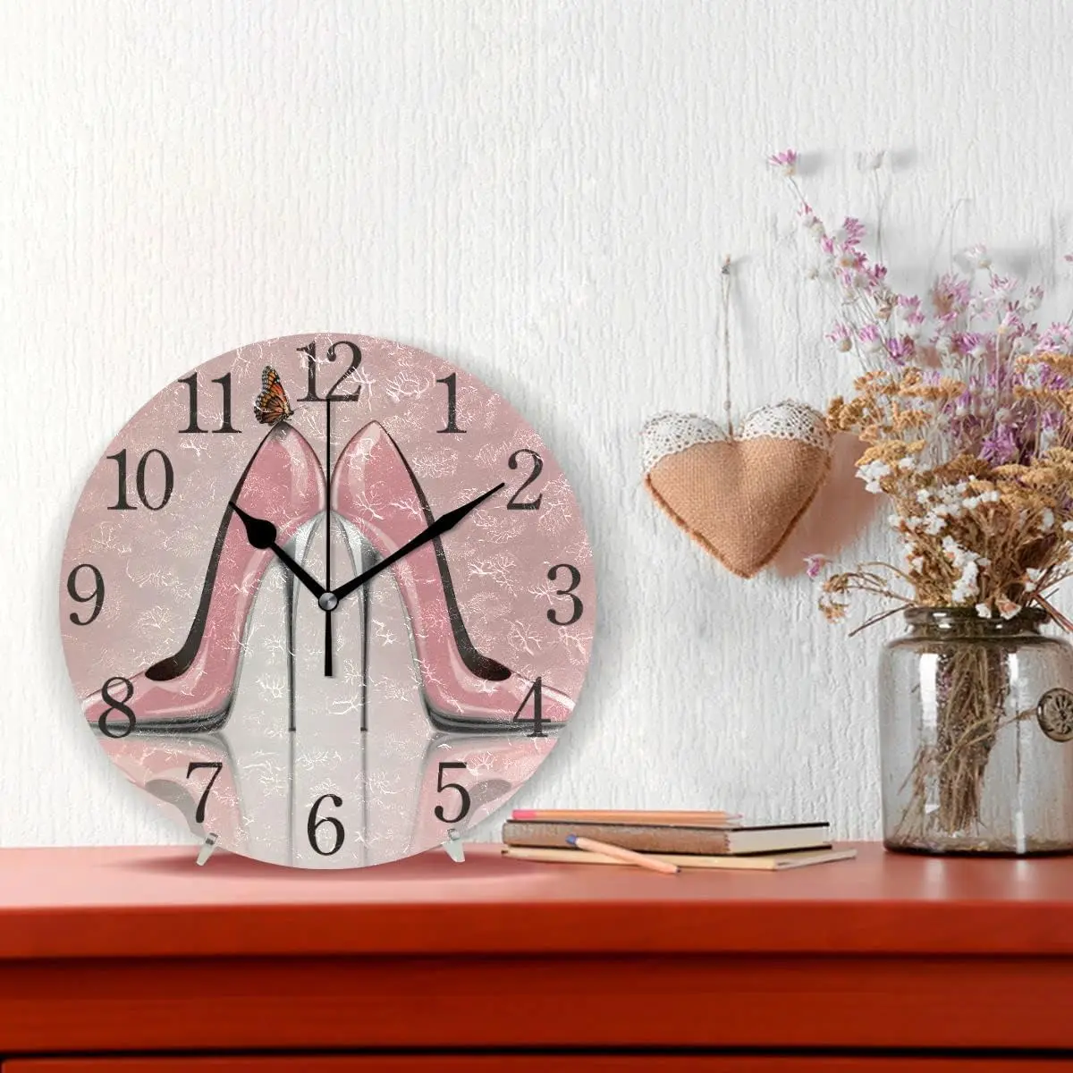 Wall Clock Silent 9.5 Inch Battery Operated Non Ticking Pink High Heel Shoes Butterfly Round Decorative Acrylic Quiet Cloc