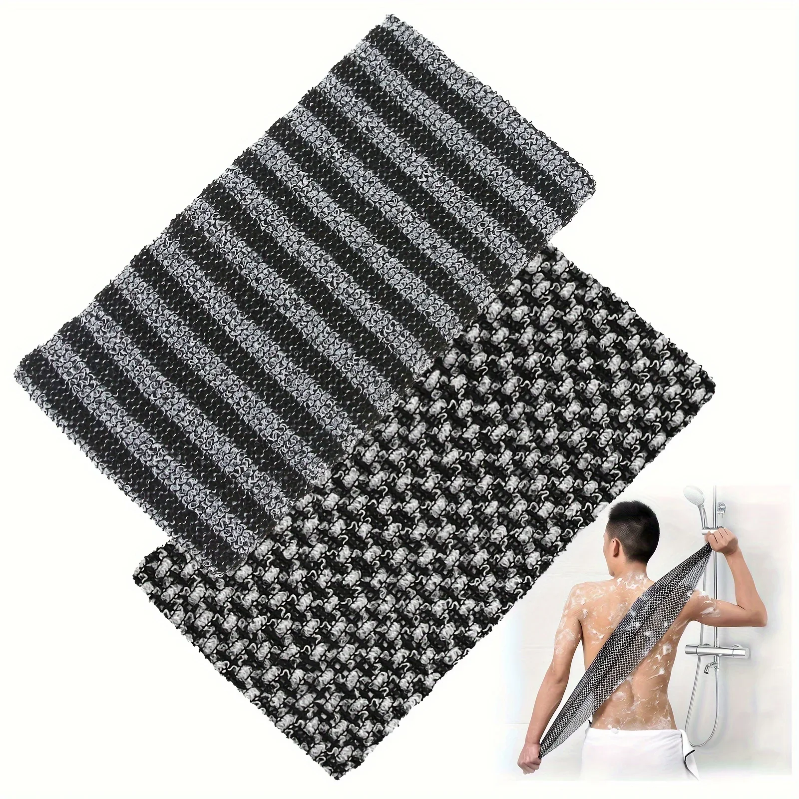 2 قطعة منشفة استحمام التقشير للرجال والنساء فرشاة تنظيف الجسم على الوجهين مع أنماط مخططة شبكية لتدليك سبا للاستحمام