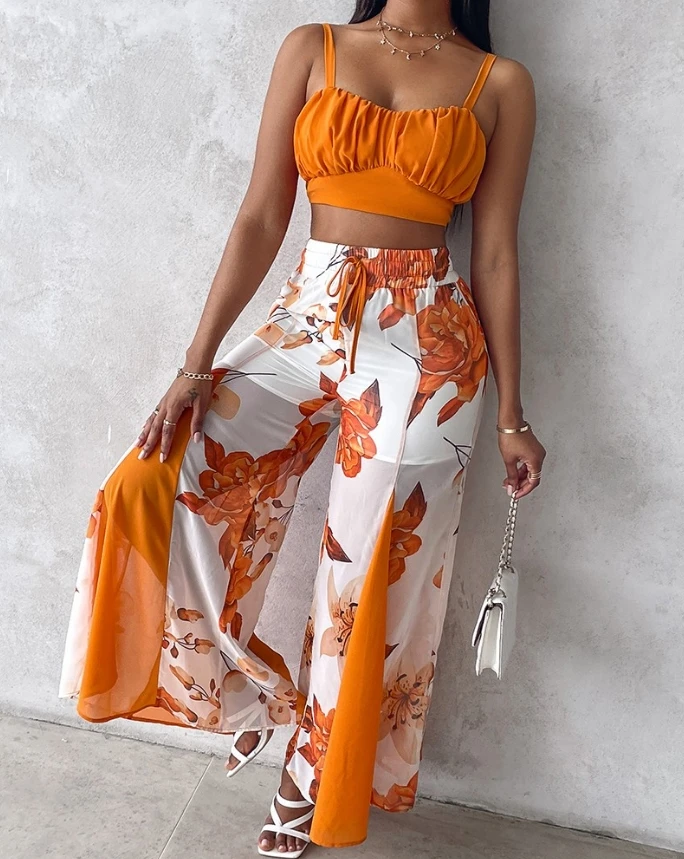 Sexy Elegant Womens Two Piece Sets Outfit Fashion 2024 Summer Casual Ruched Cami Top Floral Print Drawstring Wide Leg Pants Set