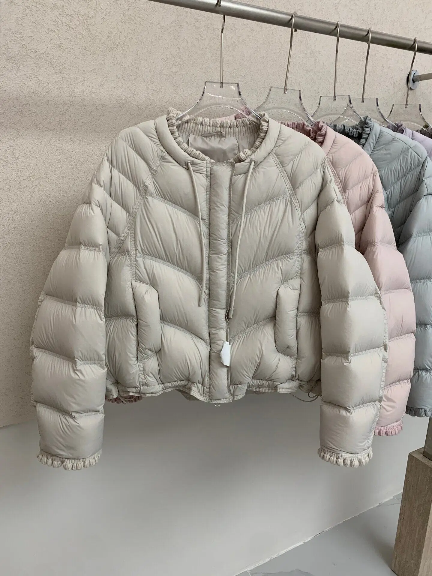 Winter Warm Thick Cold Proof Jacket Female Puff Lace Round Neck Quilted Down Jacket Women White Duck Down Parker Zipper Outwears
